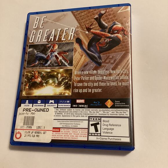 PS4 PlayStation Marvel Spider-Man Video Game Rated T Teen Case No Manual Tested - Picture 2 of 6